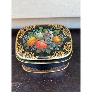 Daher England Metal Hinged Tea Tin Trinket Crackled Black Gold Flower Container